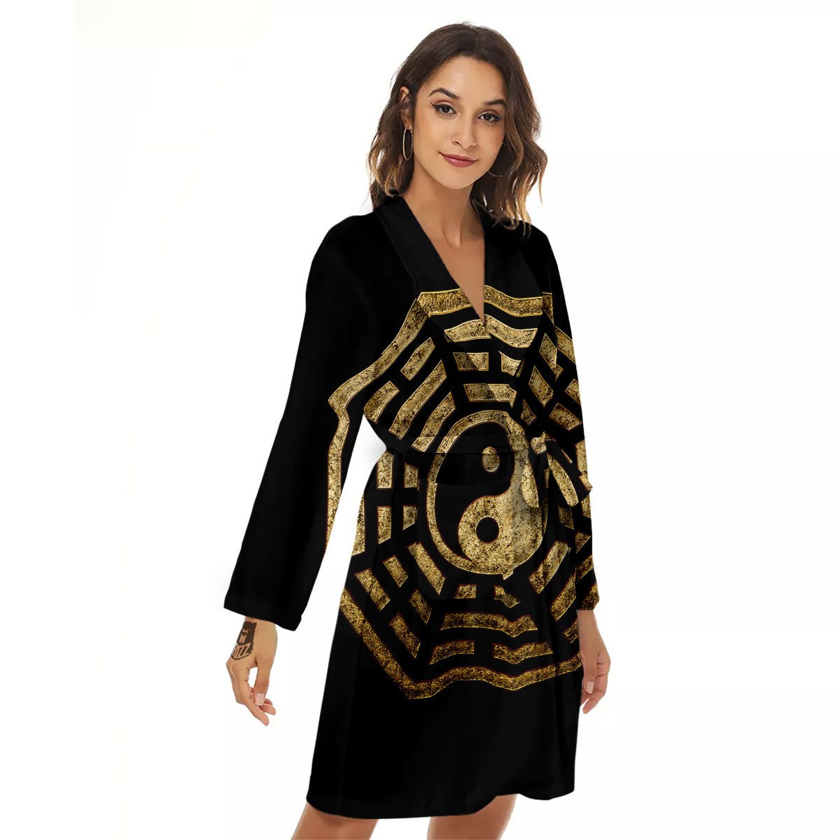 Yin Yang Gold Bagua Print Women's Robe-grizzshop