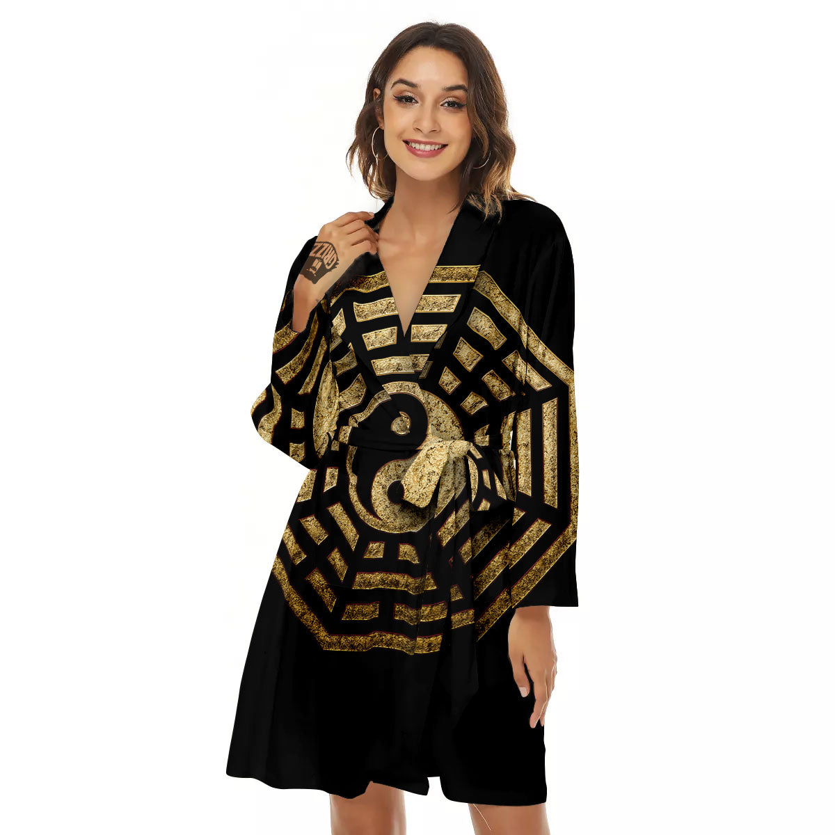 Yin Yang Gold Bagua Print Women's Robe-grizzshop