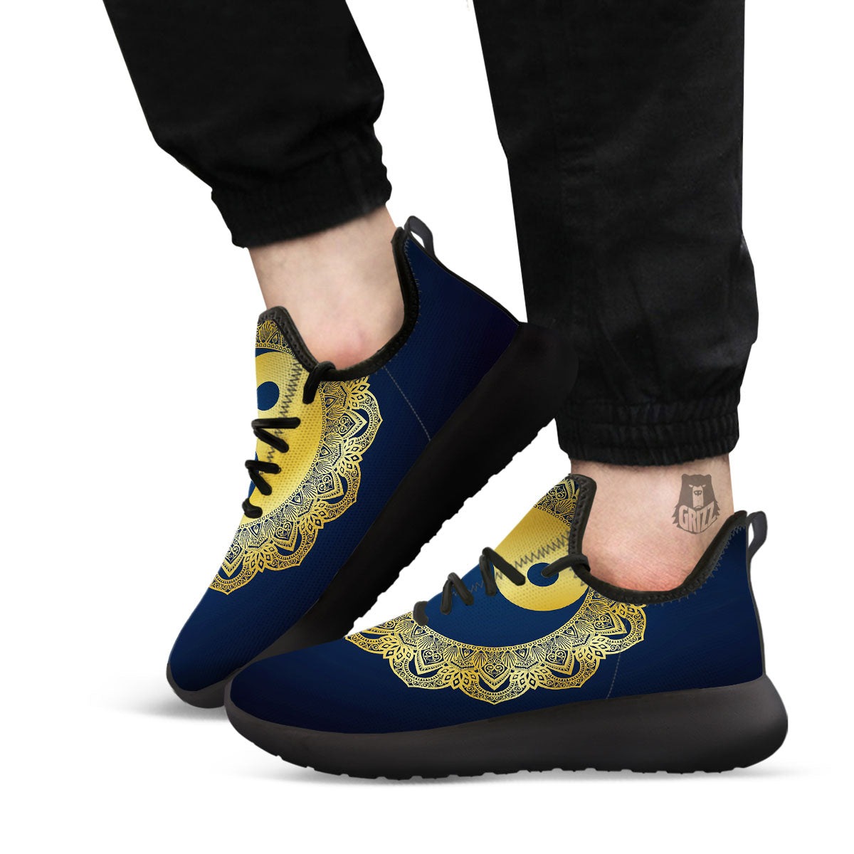 Yin Yang Gold Mandala Print Black Athletic Shoes-grizzshop