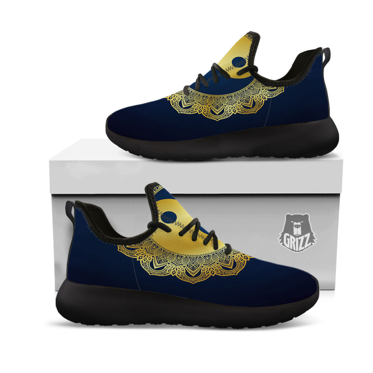 Yin Yang Gold Mandala Print Black Athletic Shoes-grizzshop