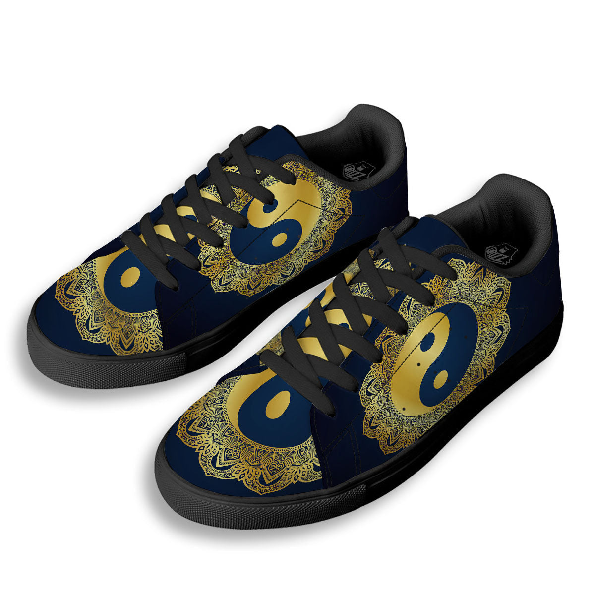 Yin Yang Gold Mandala Print Black Low Top Sneakers-grizzshop