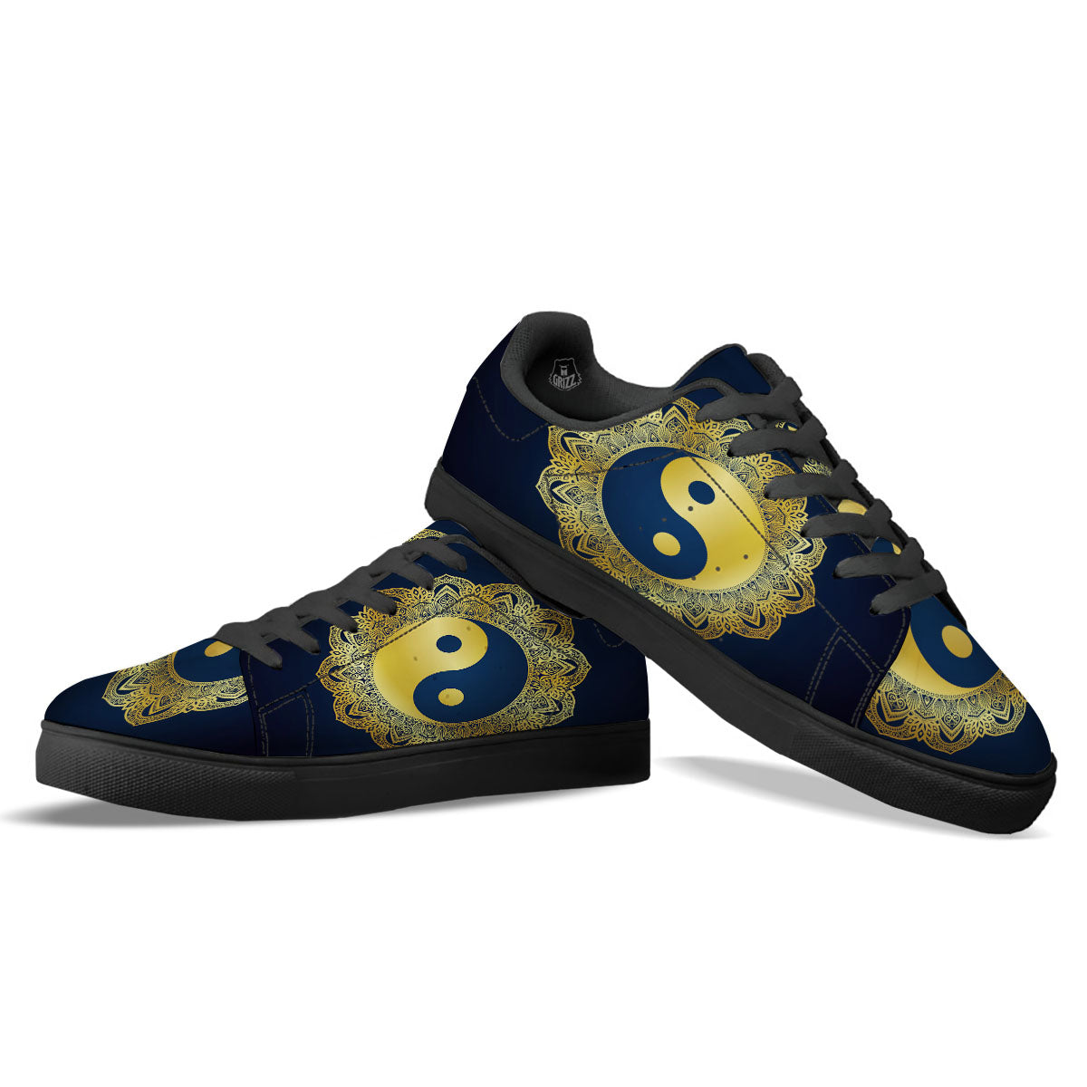 Yin Yang Gold Mandala Print Black Low Top Sneakers-grizzshop
