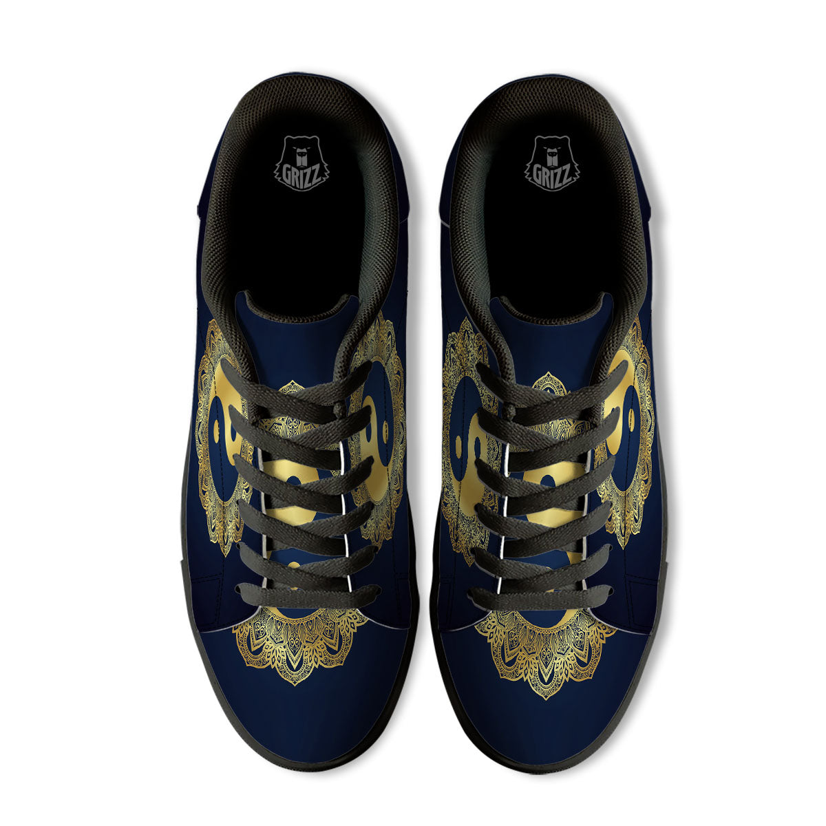 Yin Yang Gold Mandala Print Black Low Top Sneakers-grizzshop