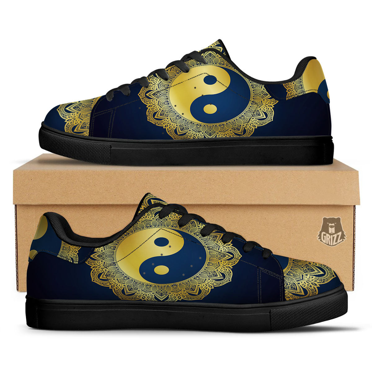 Yin Yang Gold Mandala Print Black Low Top Sneakers-grizzshop