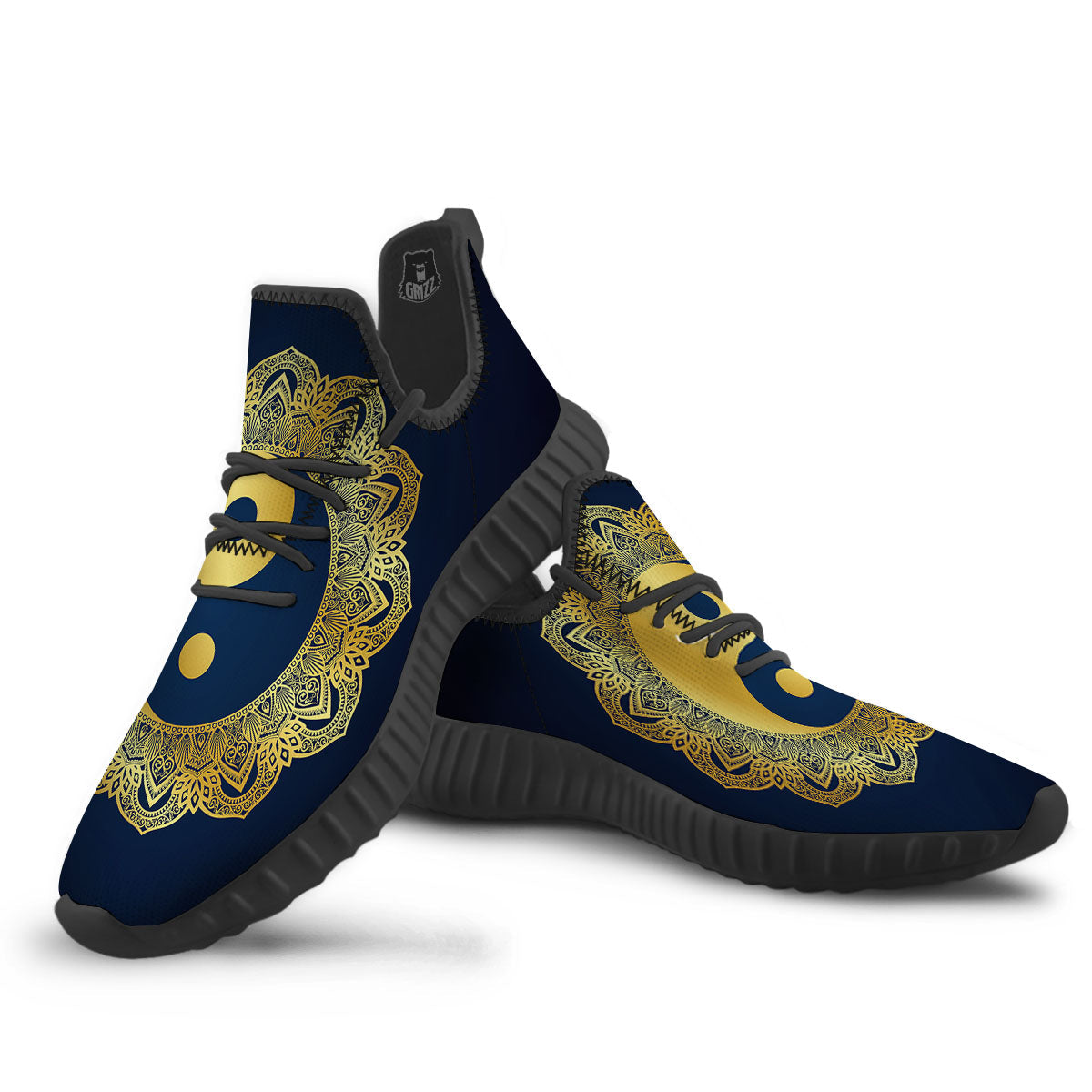 Yin Yang Gold Mandala Print Black Walking Shoes-grizzshop