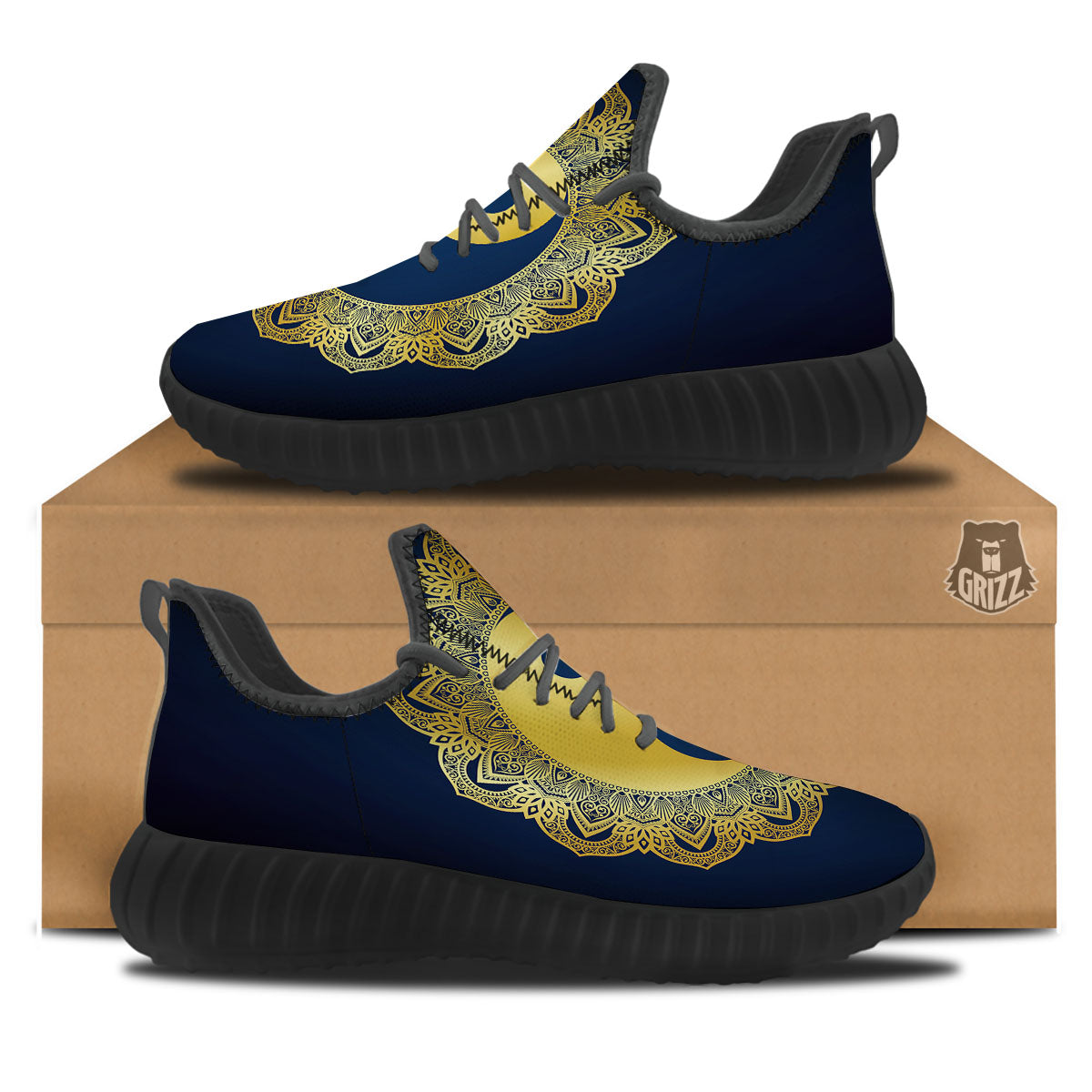 Yin Yang Gold Mandala Print Black Walking Shoes-grizzshop