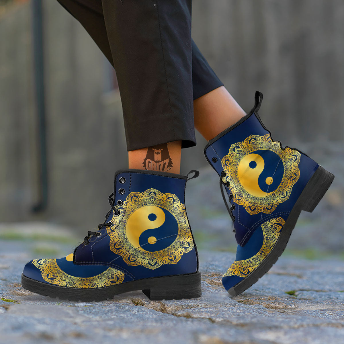 Yin Yang Gold Mandala Print Leather Boots-grizzshop