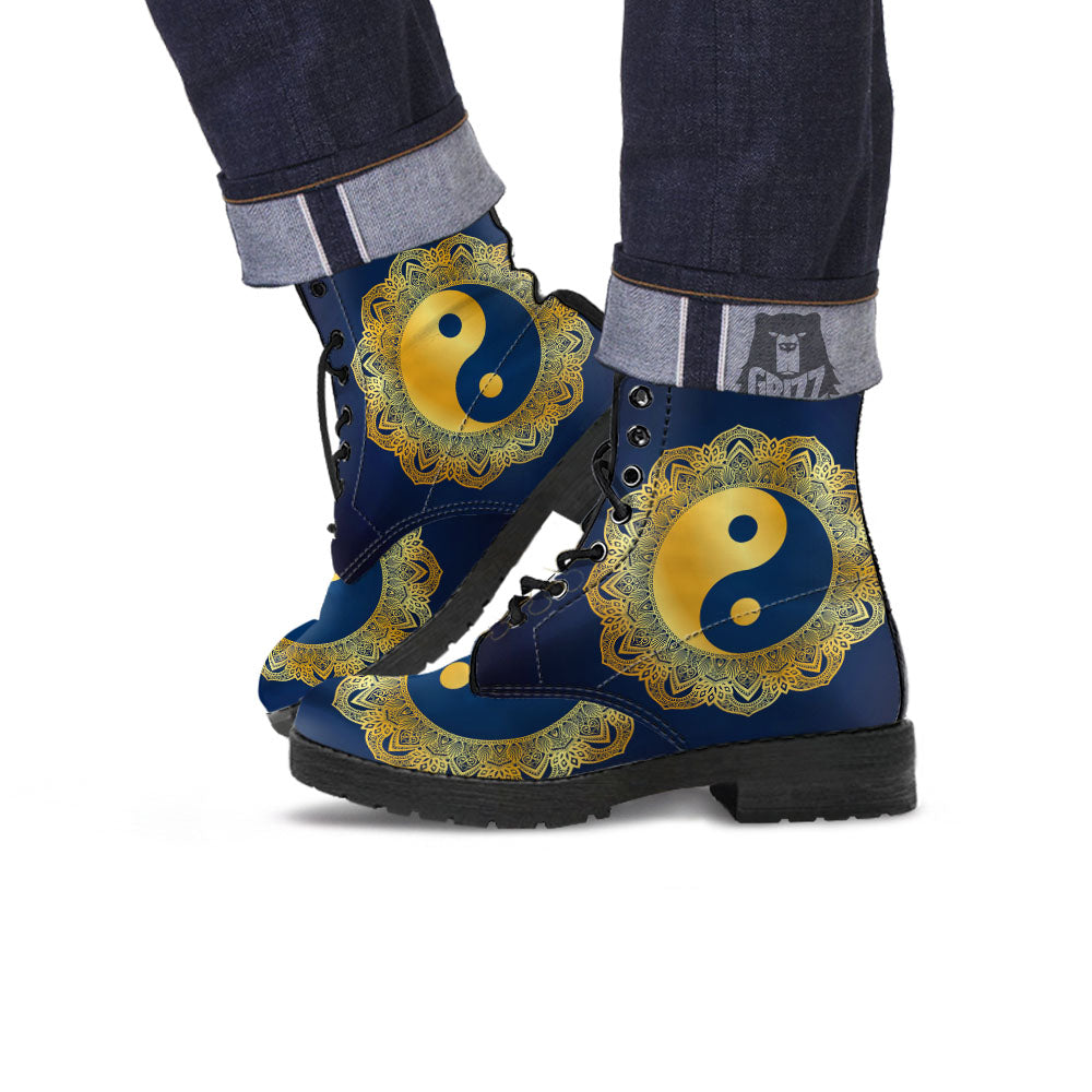 Yin Yang Gold Mandala Print Leather Boots-grizzshop