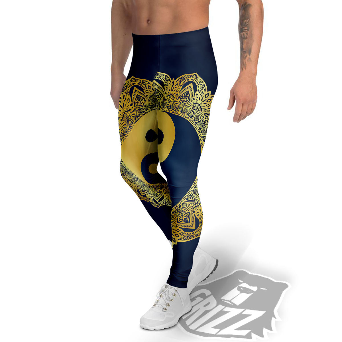 Yin Yang Gold Mandala Print Men's Leggings-grizzshop