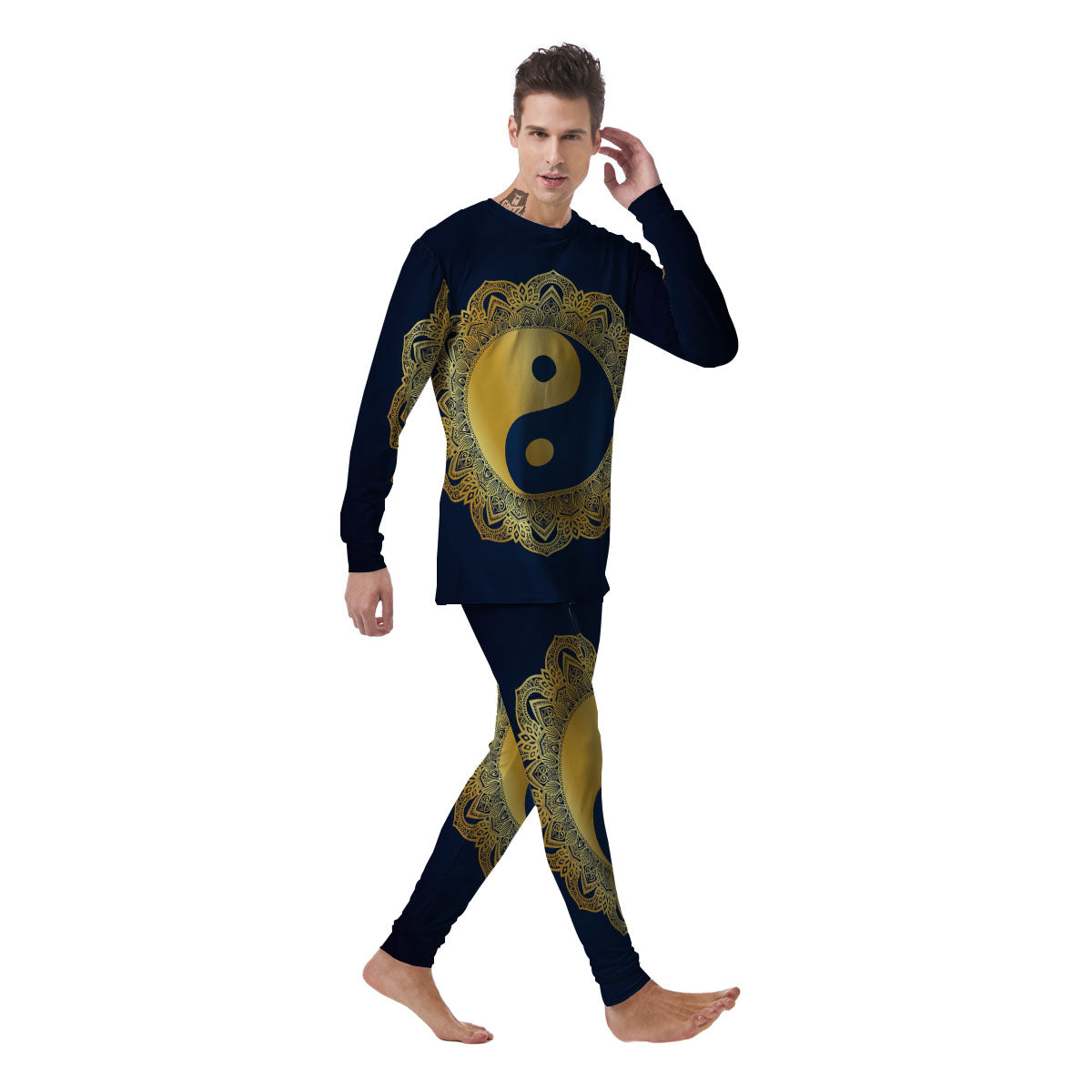 Yin Yang Gold Mandala Print Men's Pajamas-grizzshop