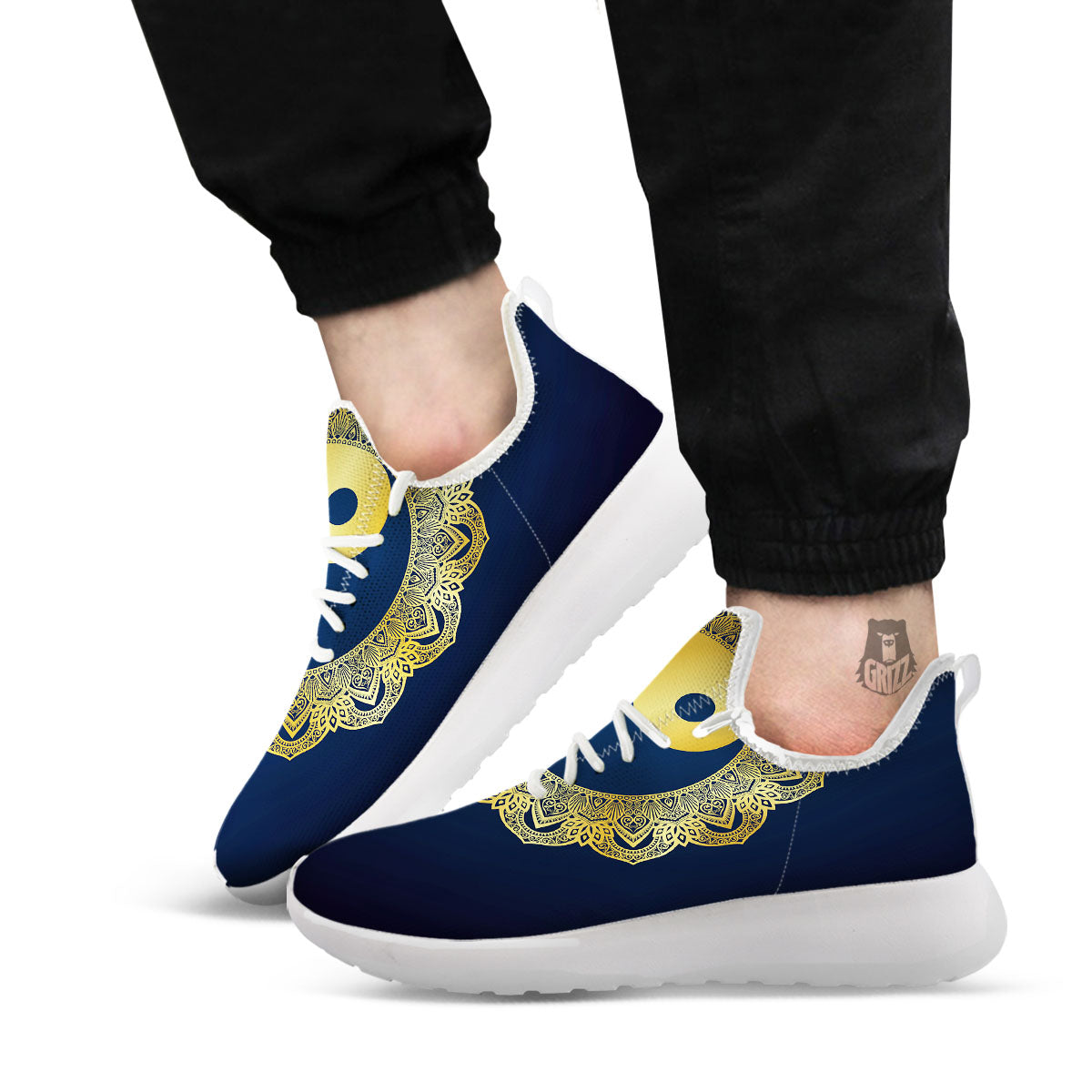 Yin Yang Gold Mandala Print White Athletic Shoes-grizzshop