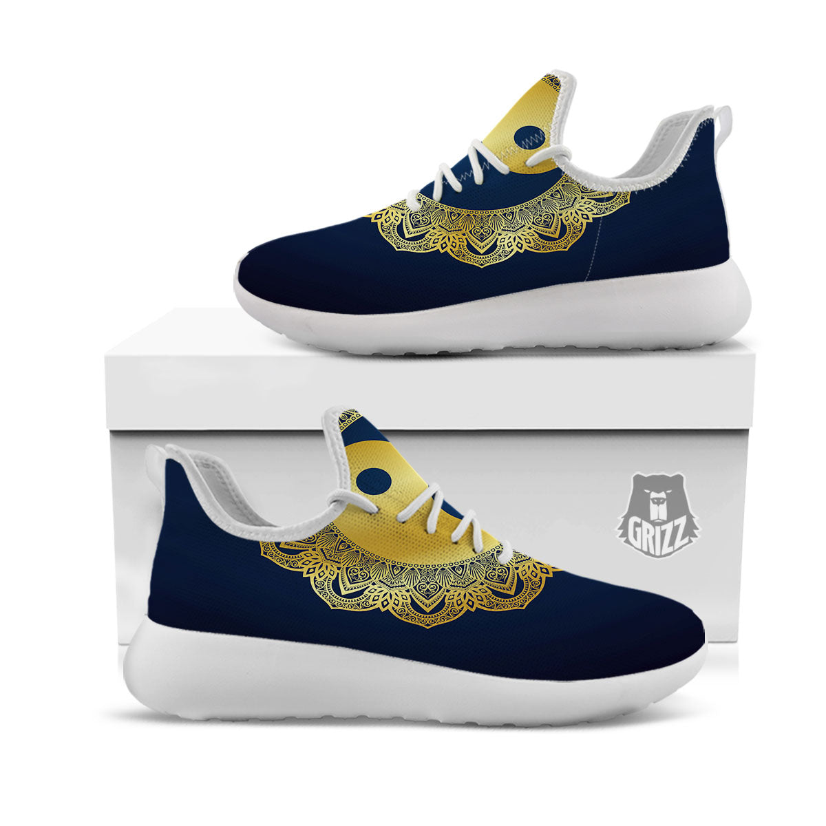 Yin Yang Gold Mandala Print White Athletic Shoes-grizzshop