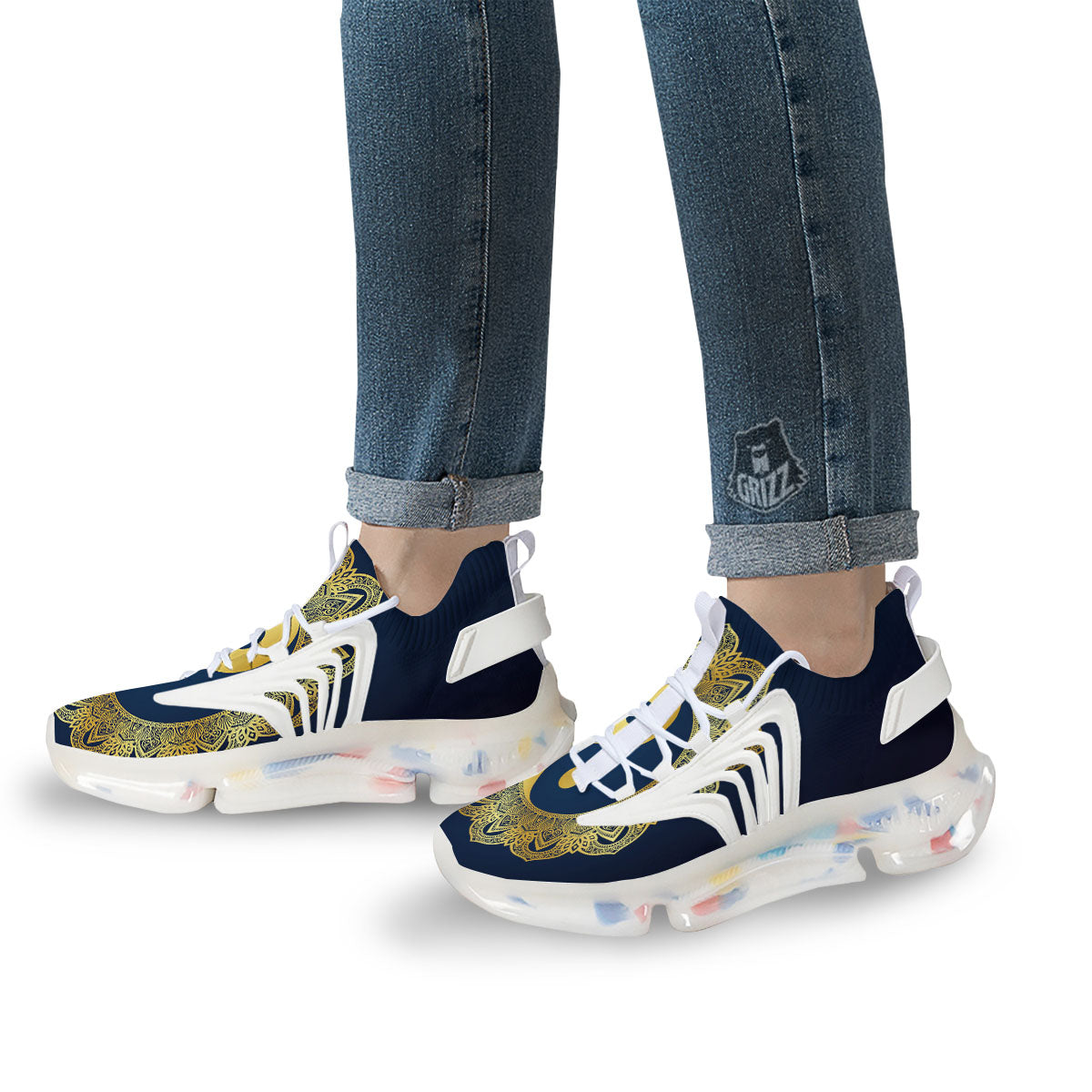 Yin Yang Gold Mandala Print White Gym Shoes-grizzshop