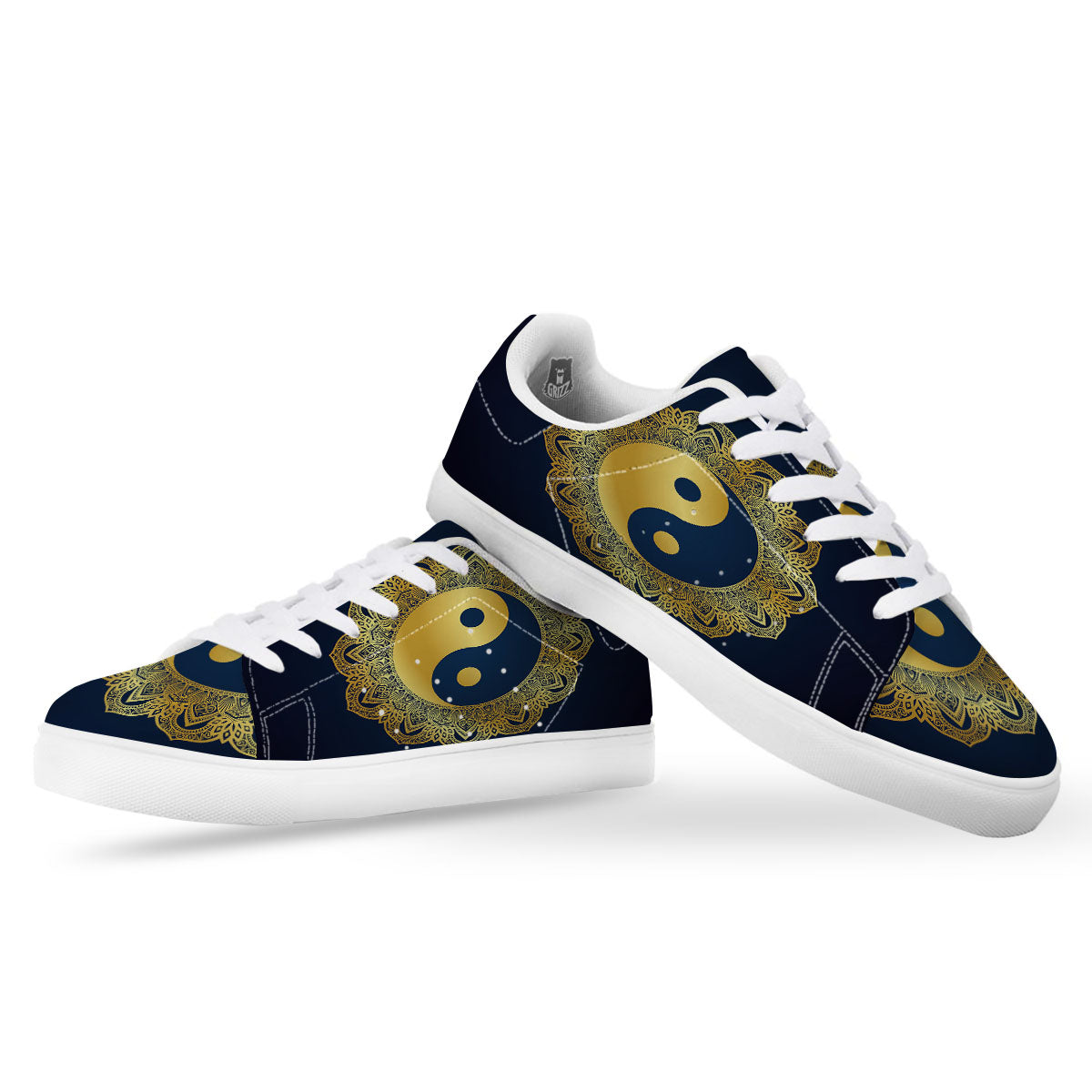 Yin Yang Gold Mandala Print White Low Top Sneakers-grizzshop