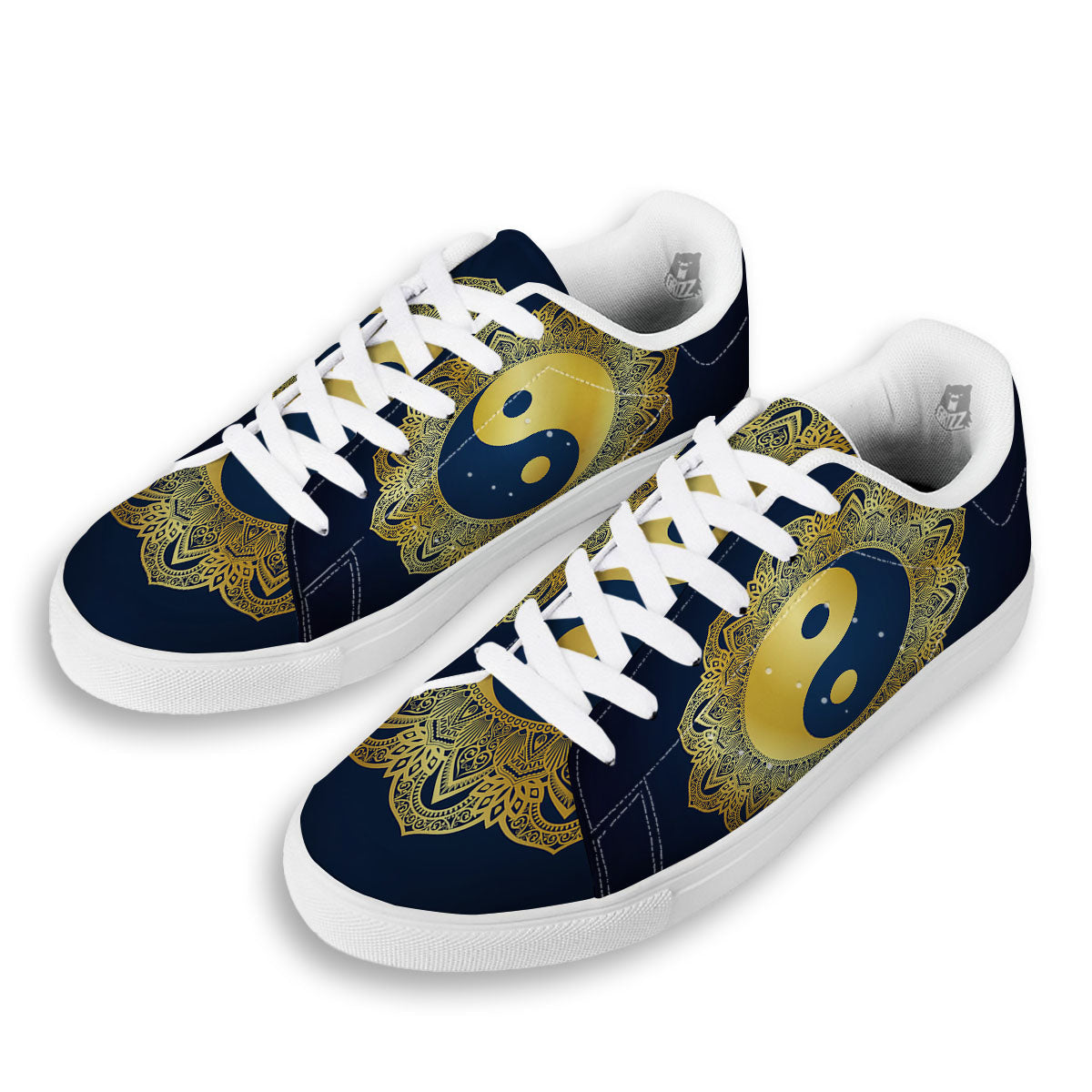 Yin Yang Gold Mandala Print White Low Top Sneakers-grizzshop