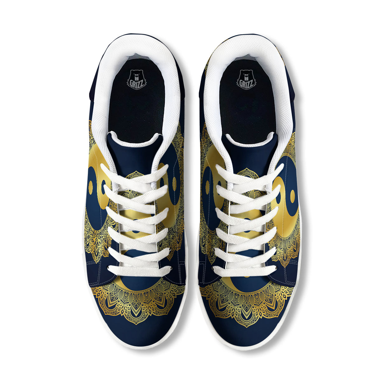 Yin Yang Gold Mandala Print White Low Top Sneakers-grizzshop