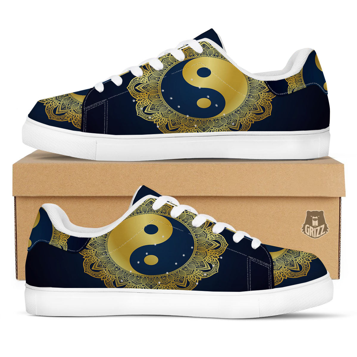 Yin Yang Gold Mandala Print White Low Top Sneakers-grizzshop