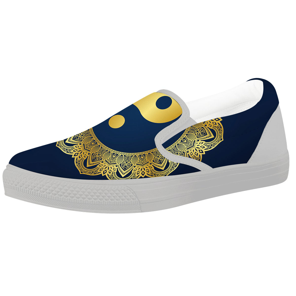 Yin Yang Gold Mandala Print White Slip On Shoes-grizzshop