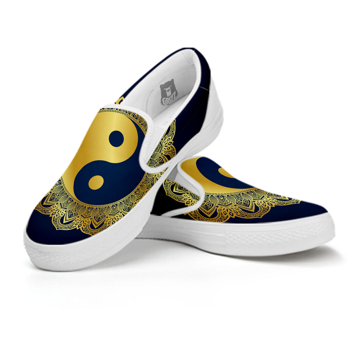 Yin Yang Gold Mandala Print White Slip On Shoes-grizzshop