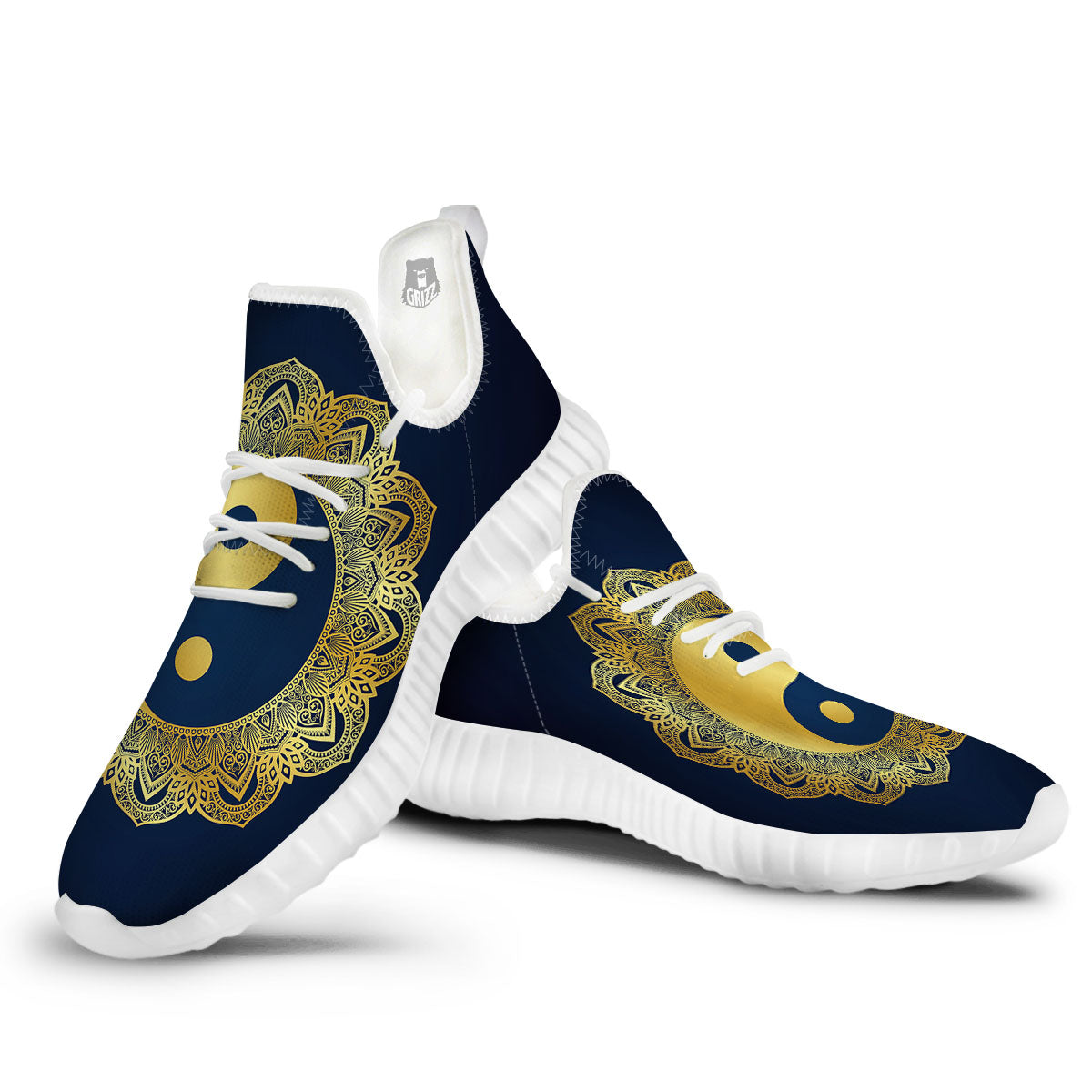 Yin Yang Gold Mandala Print White Walking Shoes-grizzshop