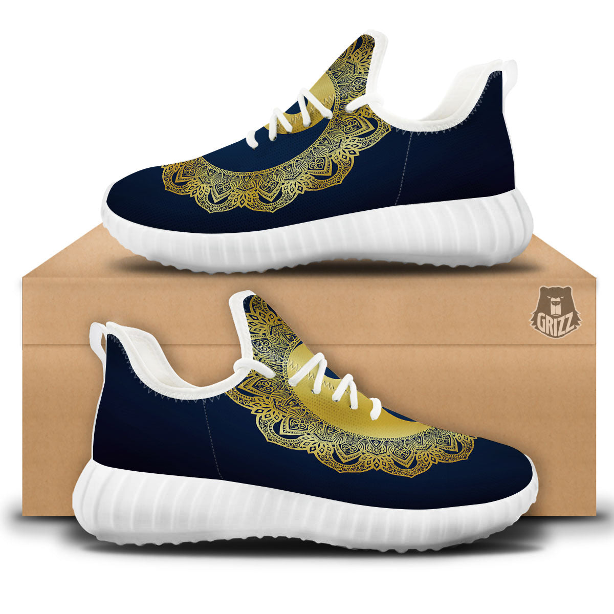 Yin Yang Gold Mandala Print White Walking Shoes-grizzshop
