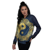 Yin Yang Gold Mandala Print Women's Bomber Jacket-grizzshop