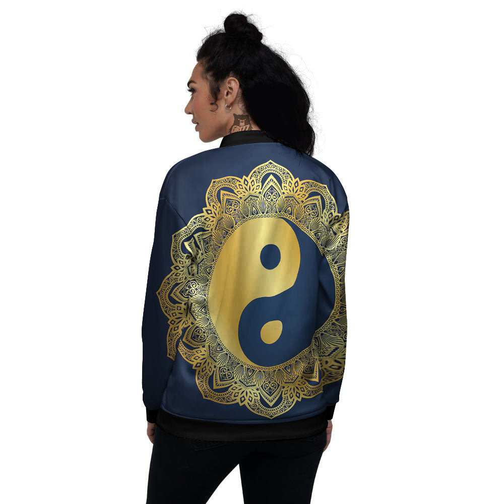 Yin Yang Gold Mandala Print Women's Bomber Jacket-grizzshop