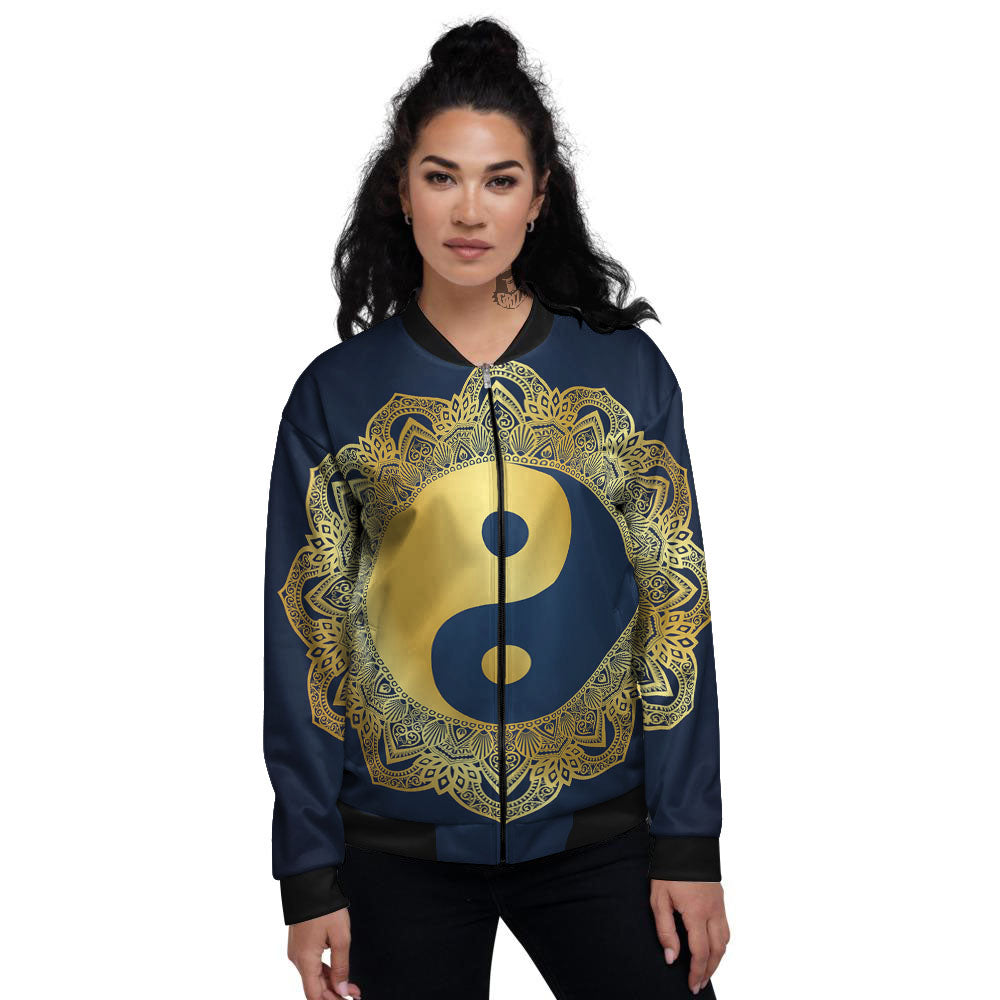 Yin Yang Gold Mandala Print Women's Bomber Jacket-grizzshop