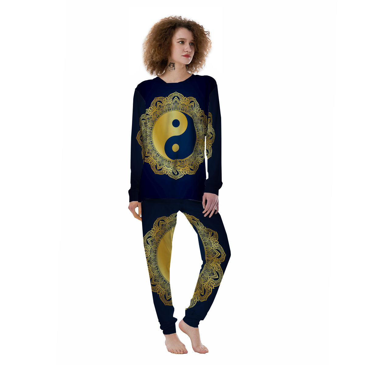 Yin Yang Gold Mandala Print Women's Pajamas-grizzshop