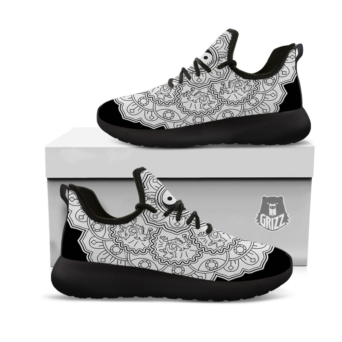 Yin Yang Mandala White And Black Print Black Athletic Shoes-grizzshop