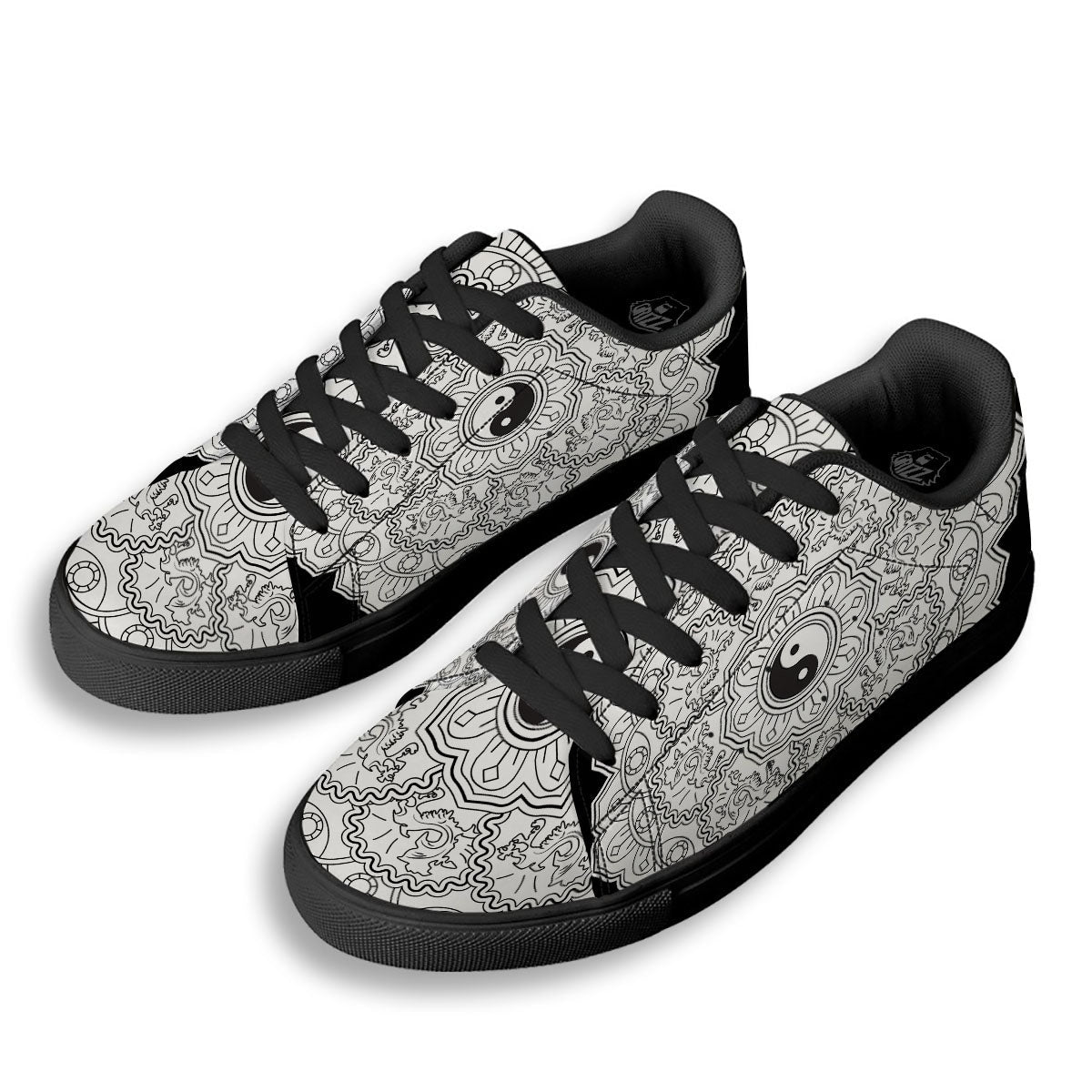 Yin Yang Mandala White And Black Print Black Low Top Sneakers-grizzshop