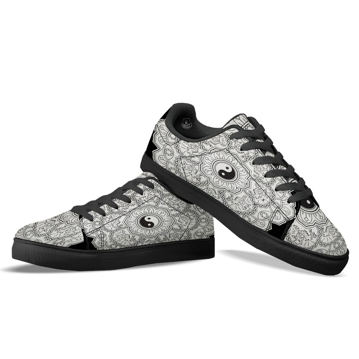 Yin Yang Mandala White And Black Print Black Low Top Sneakers-grizzshop