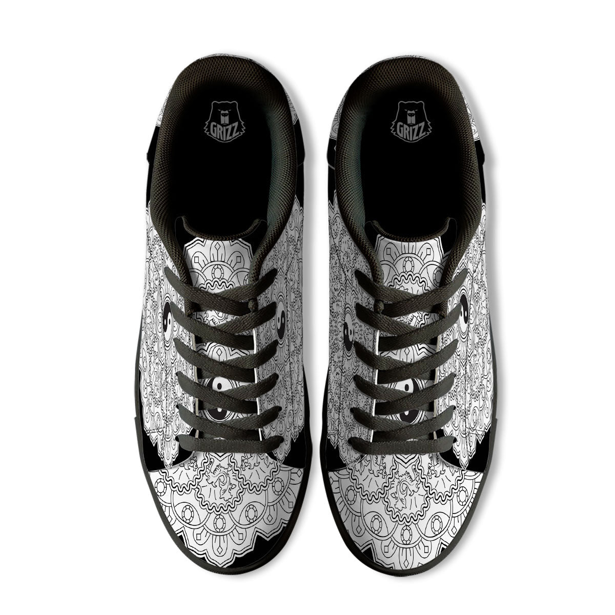 Yin Yang Mandala White And Black Print Black Low Top Sneakers-grizzshop