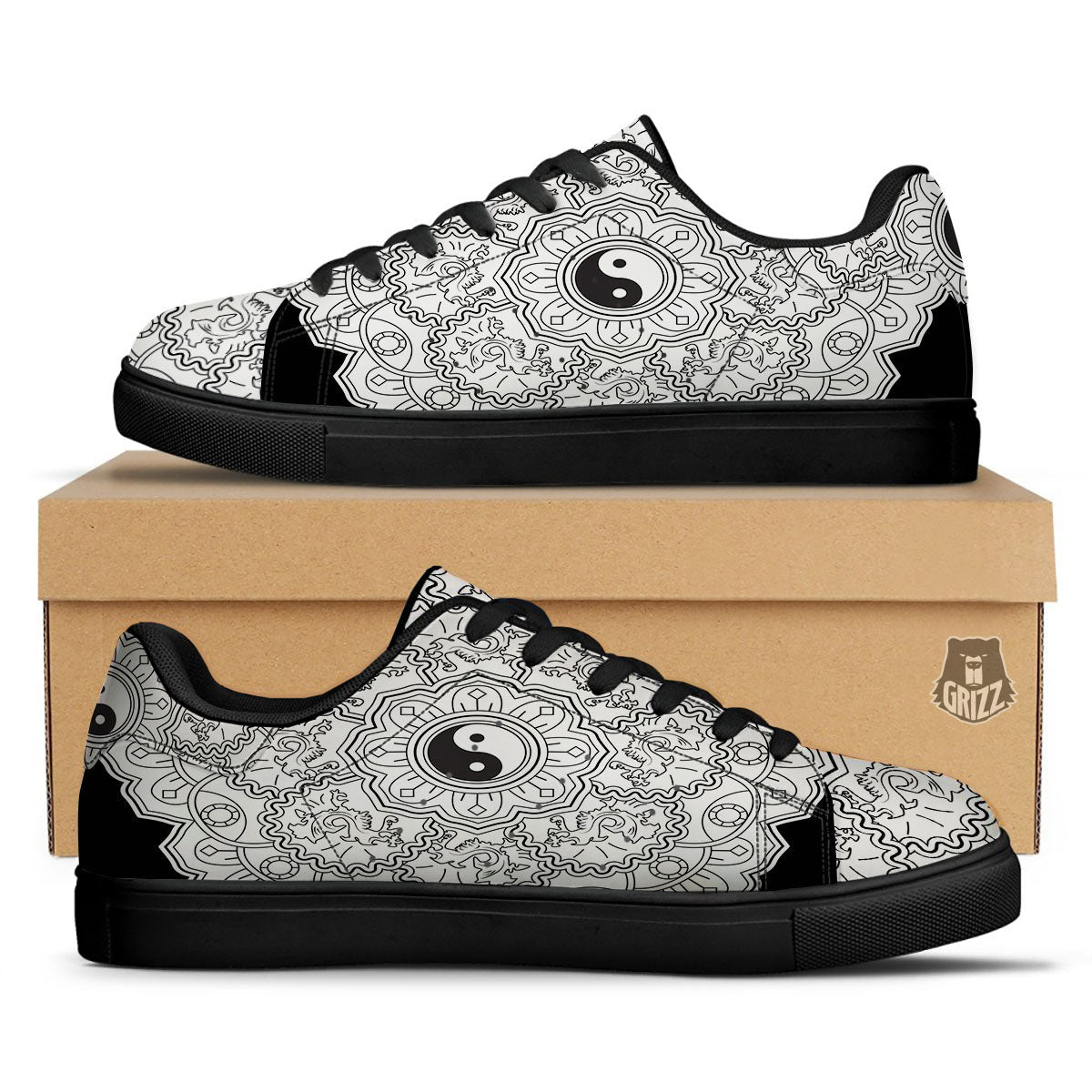 Yin Yang Mandala White And Black Print Black Low Top Sneakers-grizzshop
