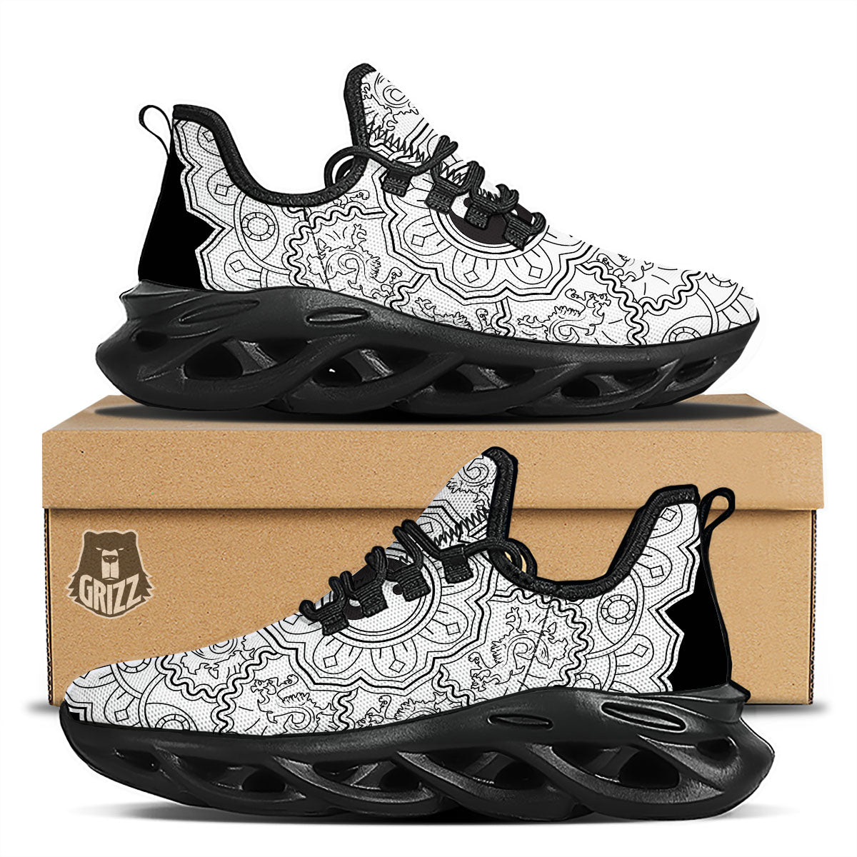 Yin Yang Mandala White And Black Print Black Running Shoes-grizzshop