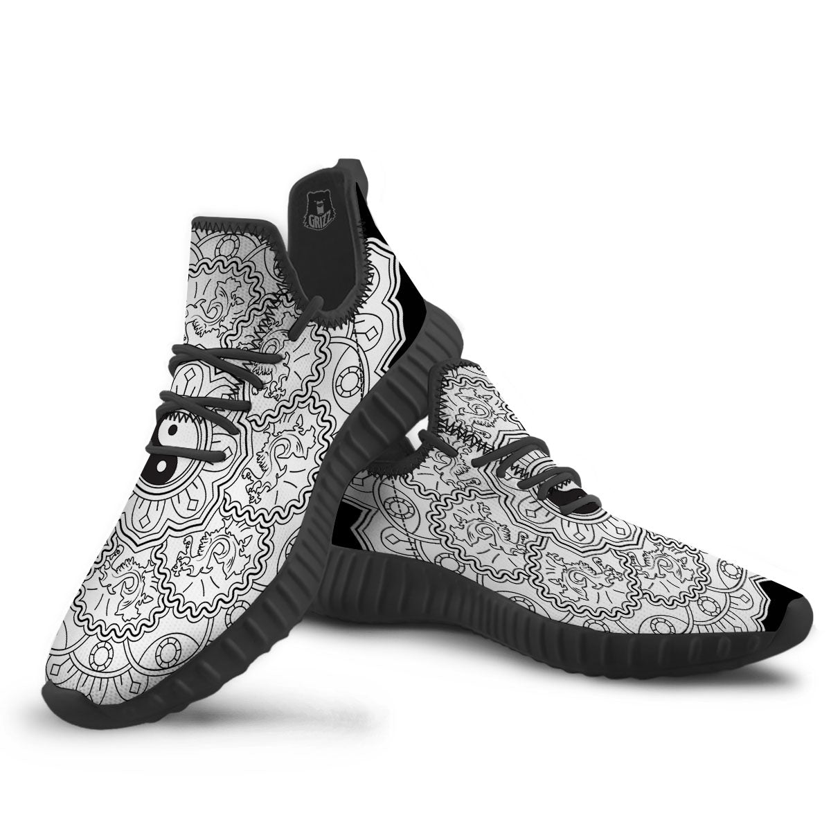 Yin Yang Mandala White And Black Print Black Walking Shoes-grizzshop
