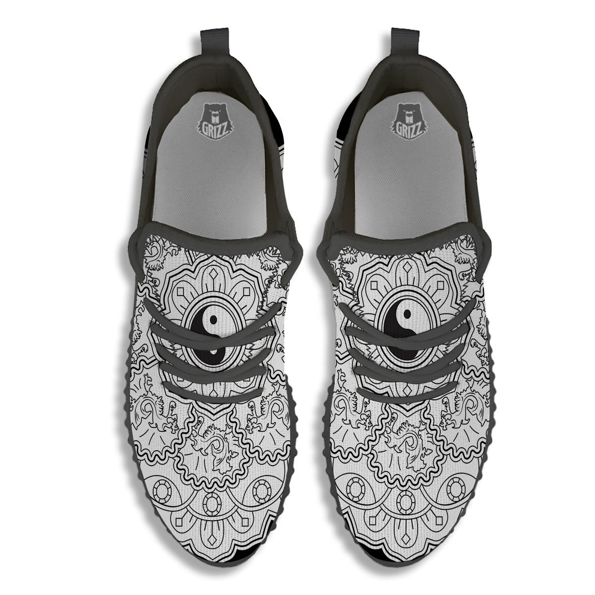 Yin Yang Mandala White And Black Print Black Walking Shoes-grizzshop