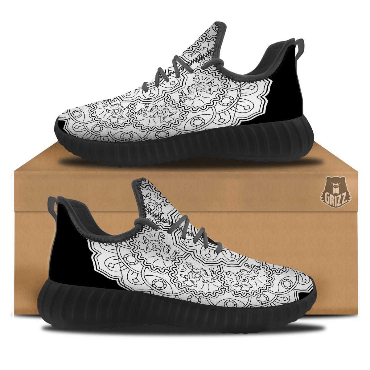 Yin Yang Mandala White And Black Print Black Walking Shoes-grizzshop