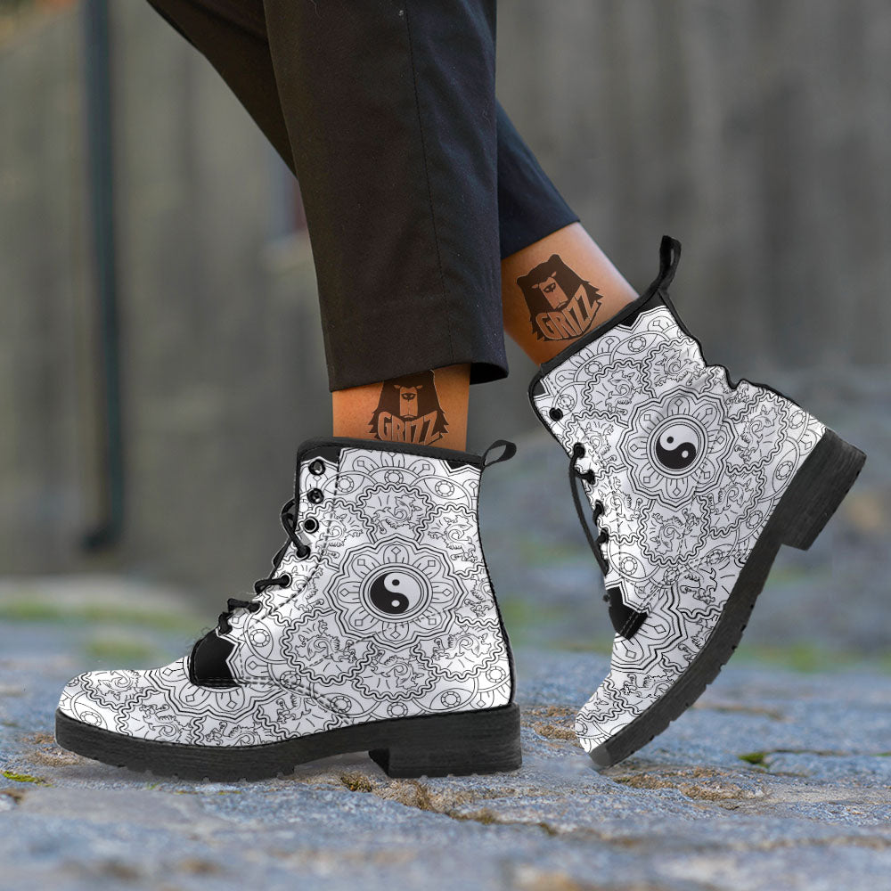Yin Yang Mandala White And Black Print Leather Boots-grizzshop