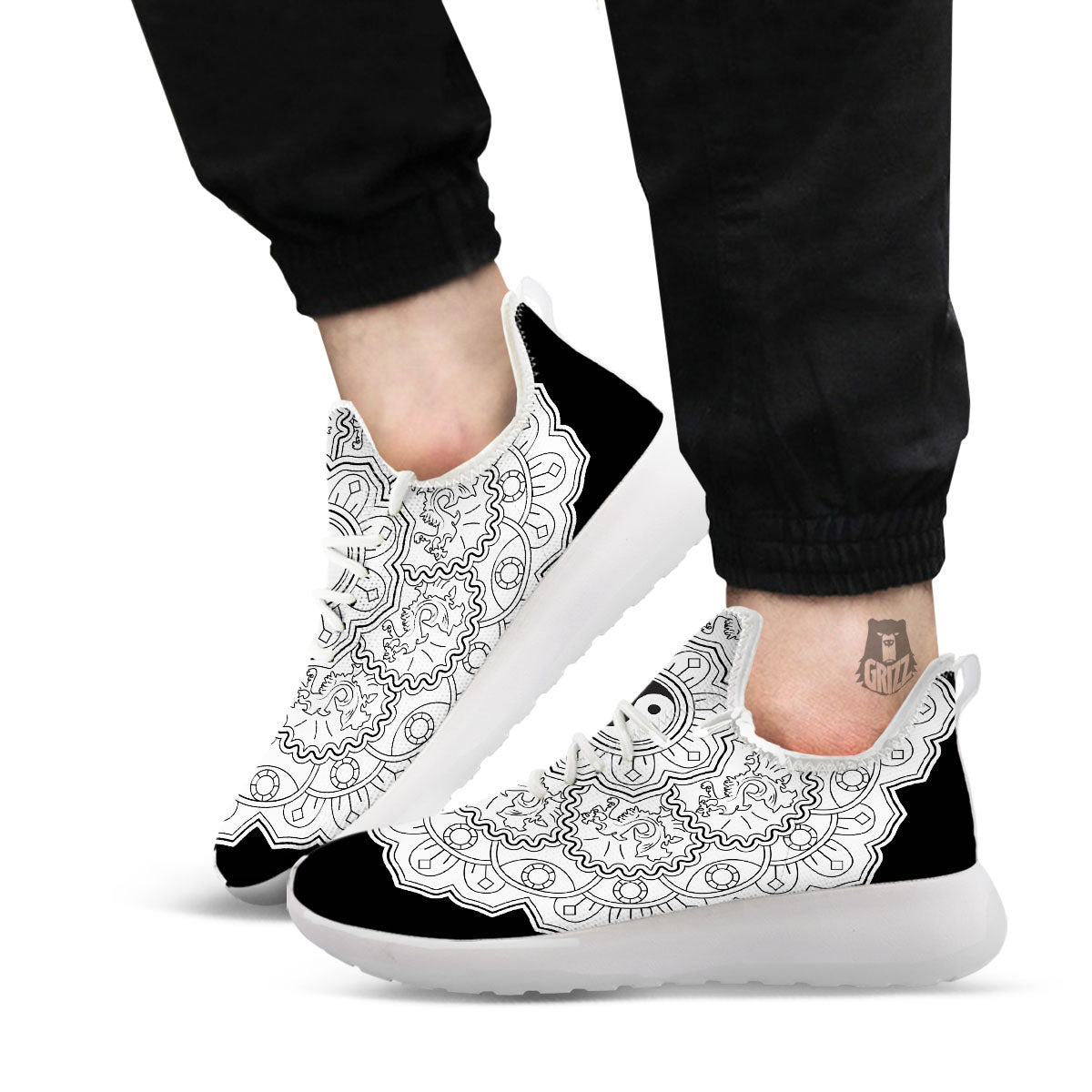 Yin Yang Mandala White And Black Print White Athletic Shoes-grizzshop
