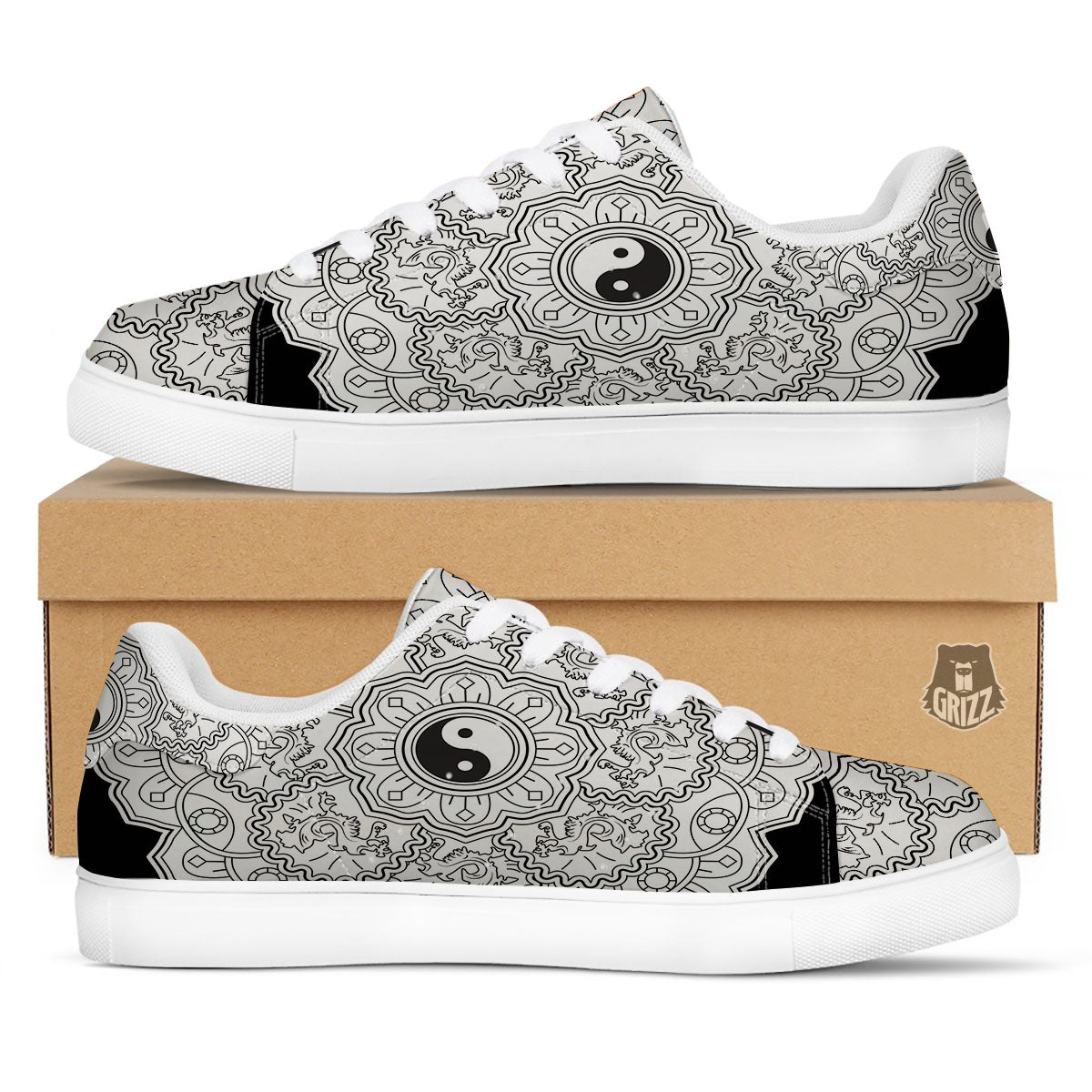 Yin Yang Mandala White And Black Print White Low Top Sneakers-grizzshop