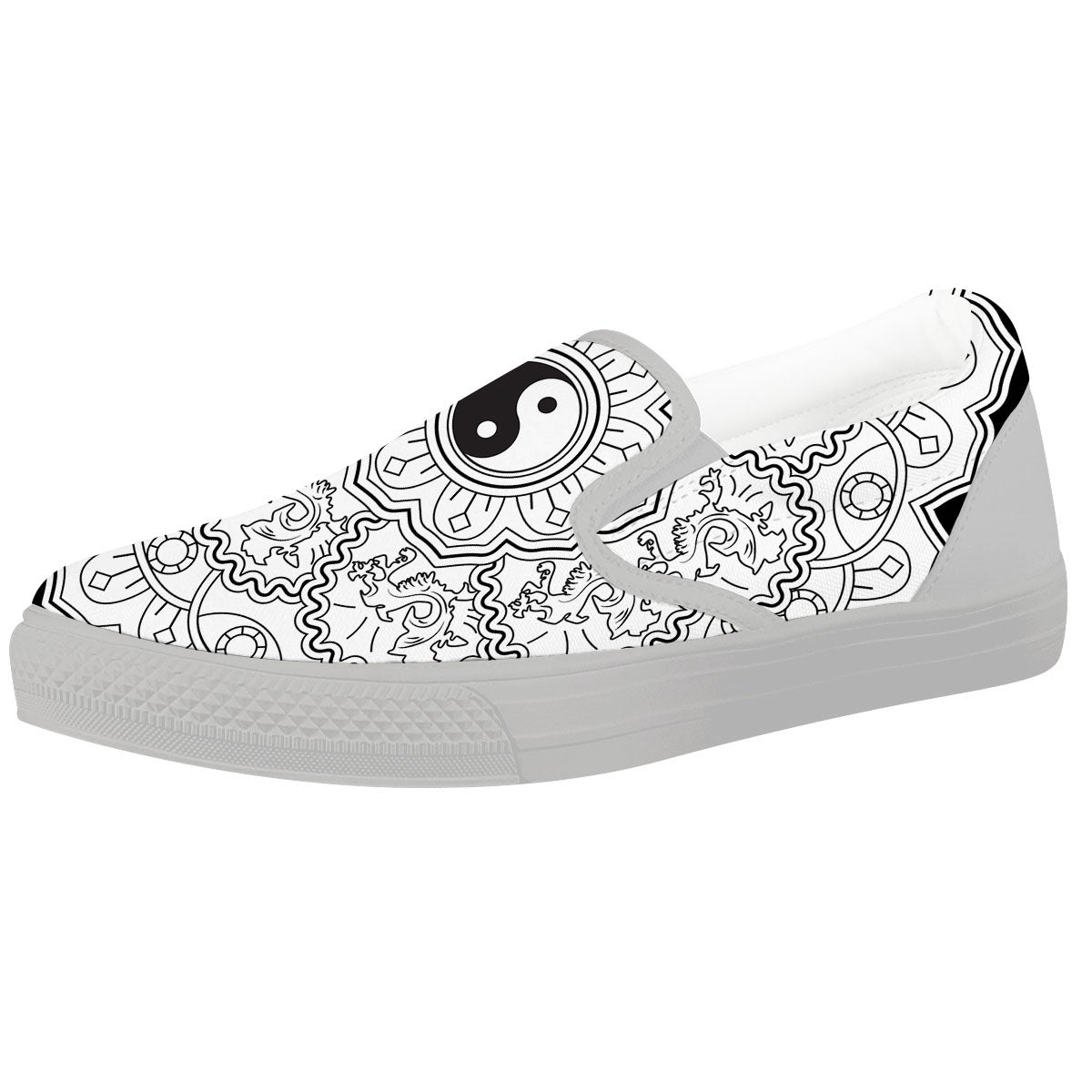 Yin Yang Mandala White And Black Print White Slip On Shoes-grizzshop