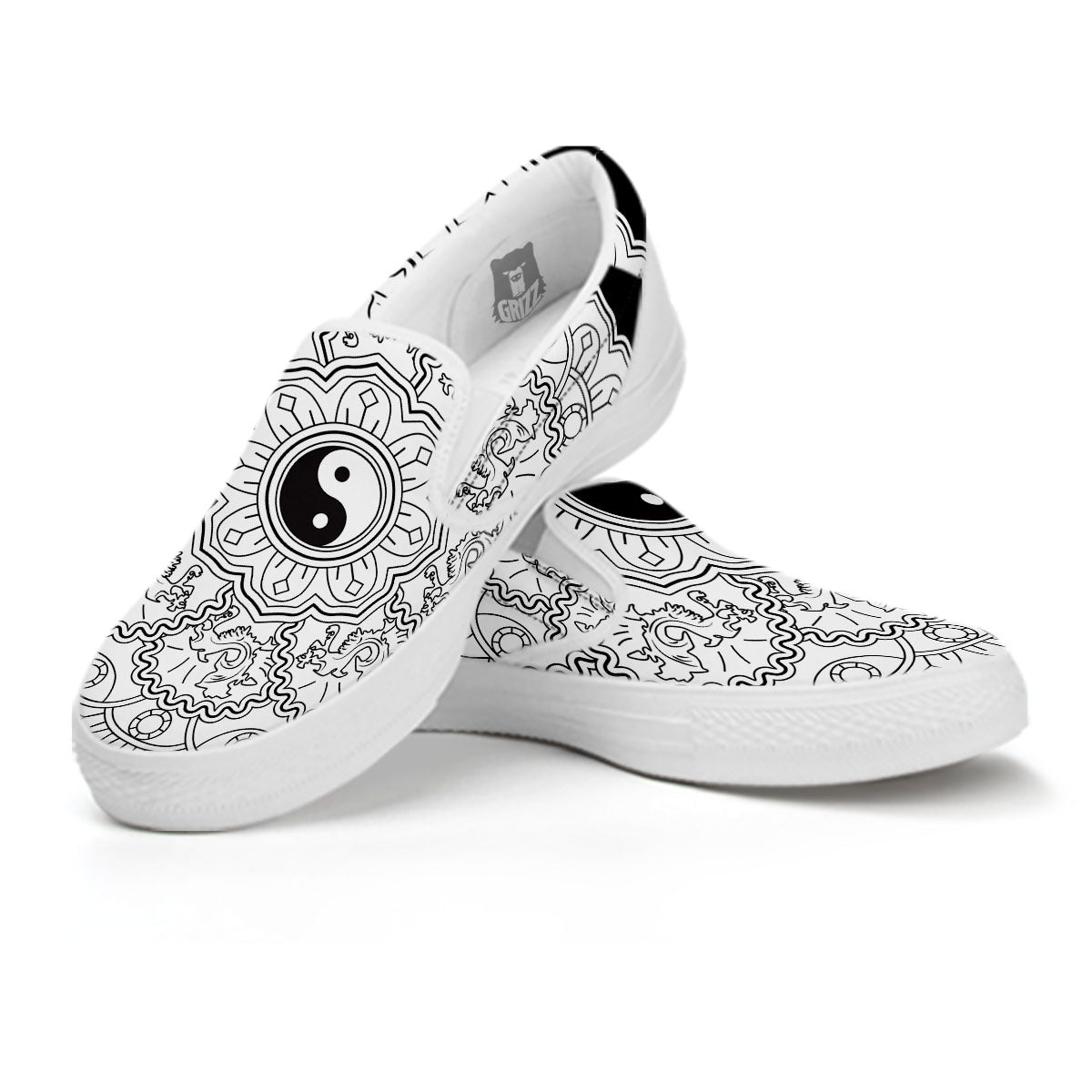 Yin Yang Mandala White And Black Print White Slip On Shoes-grizzshop