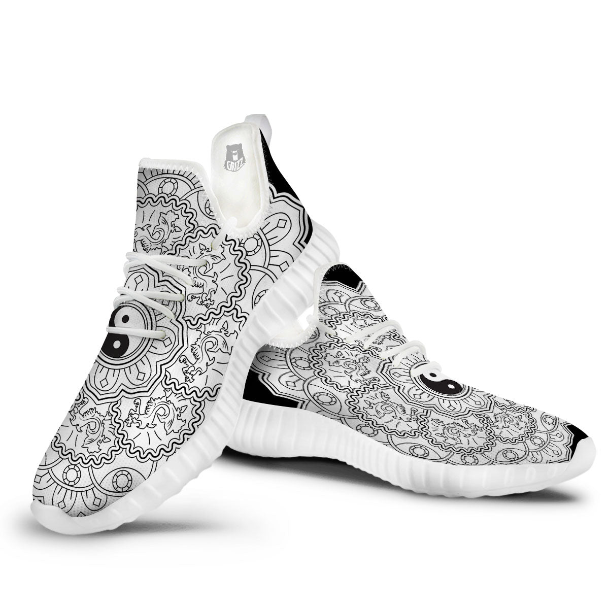 Yin Yang Mandala White And Black Print White Walking Shoes-grizzshop
