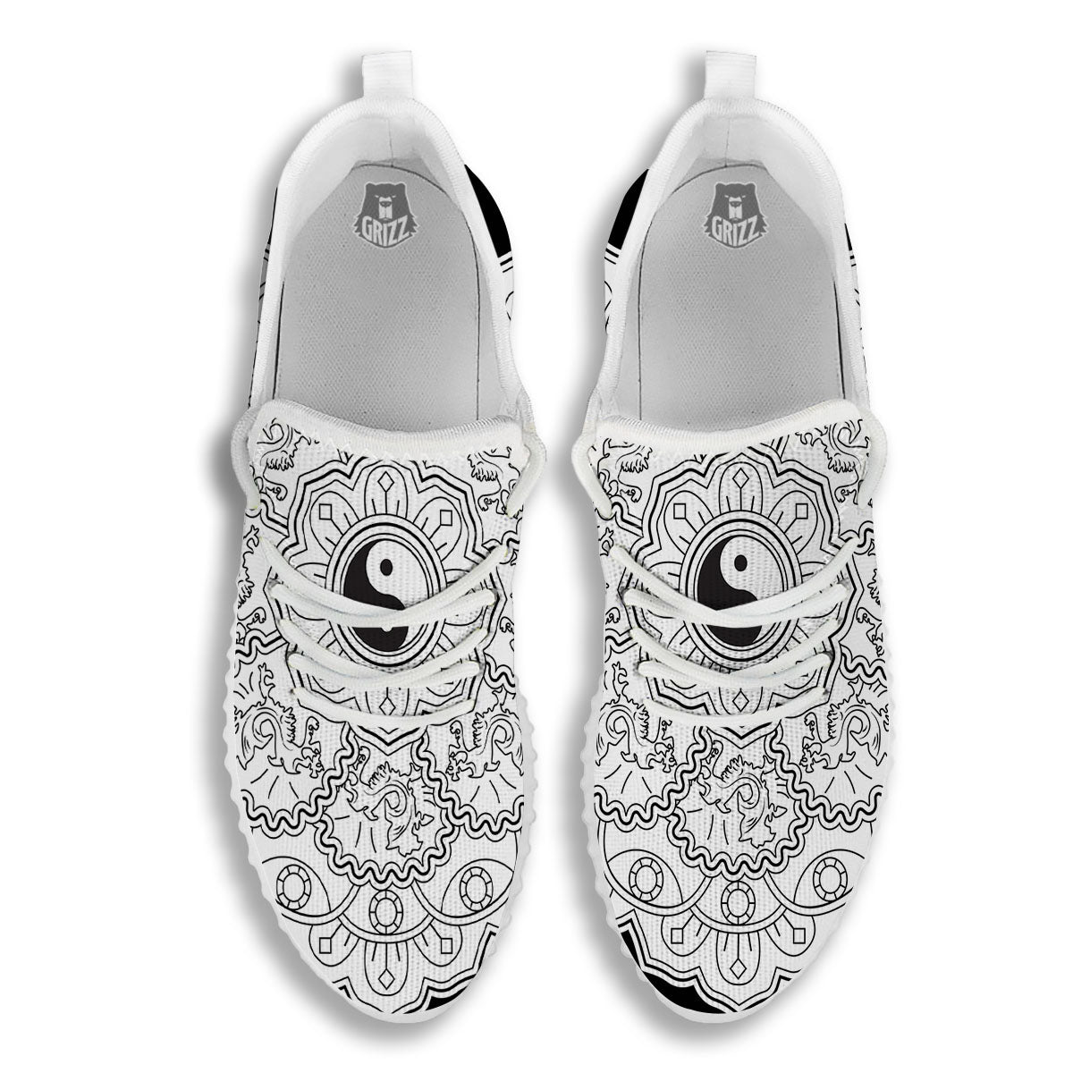 Yin Yang Mandala White And Black Print White Walking Shoes-grizzshop