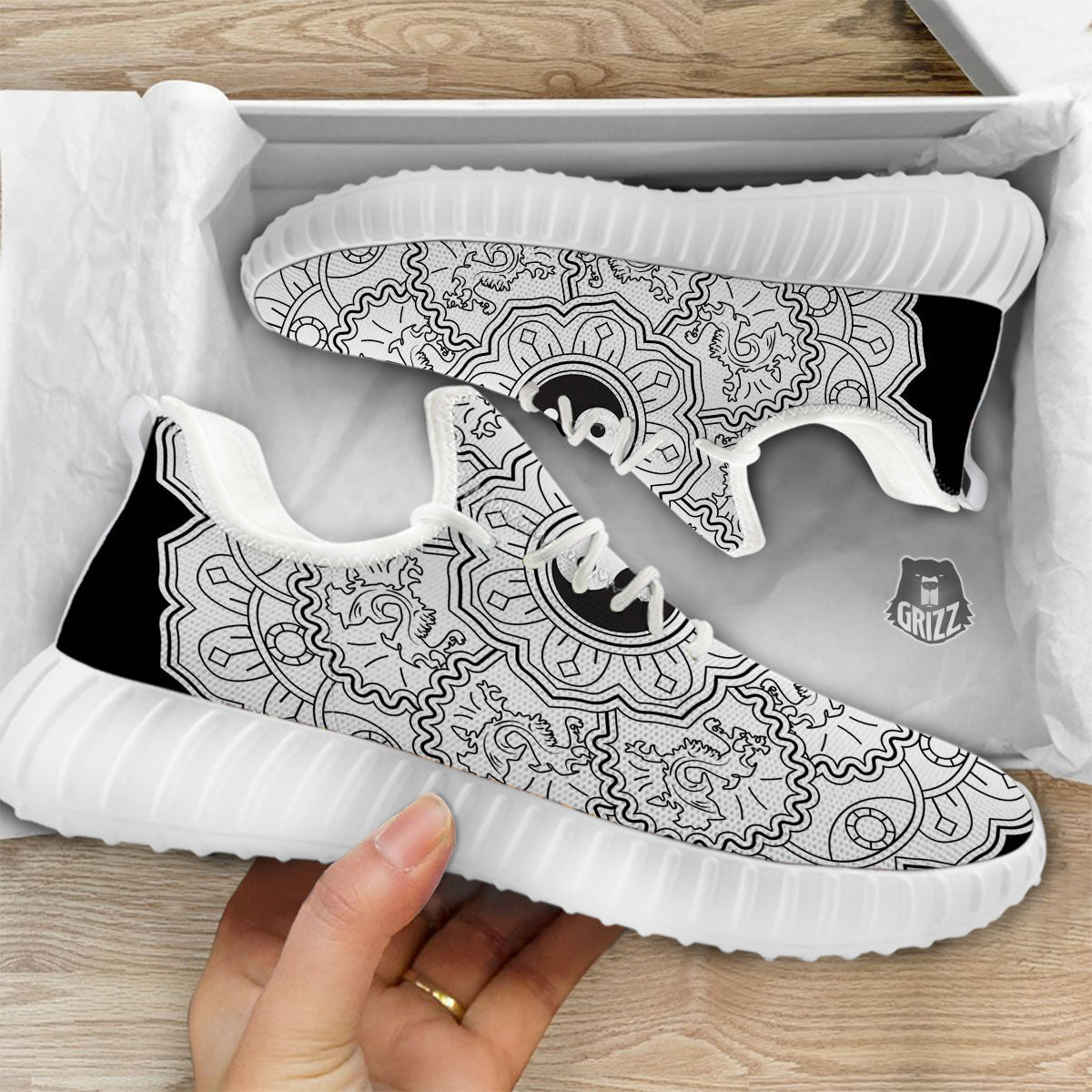 Yin Yang Mandala White And Black Print White Walking Shoes-grizzshop