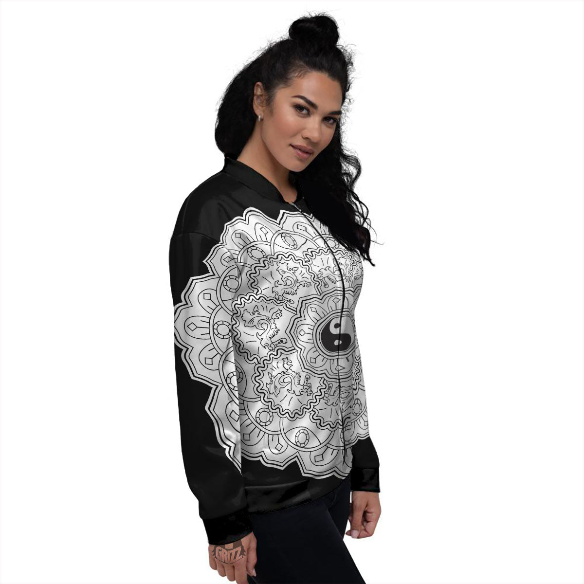 Yin Yang Mandala White And Black Print Women's Bomber Jacket-grizzshop