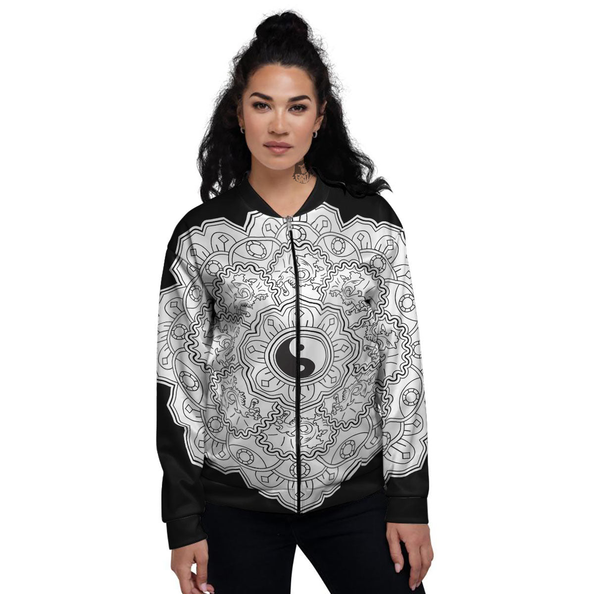 Yin Yang Mandala White And Black Print Women's Bomber Jacket-grizzshop