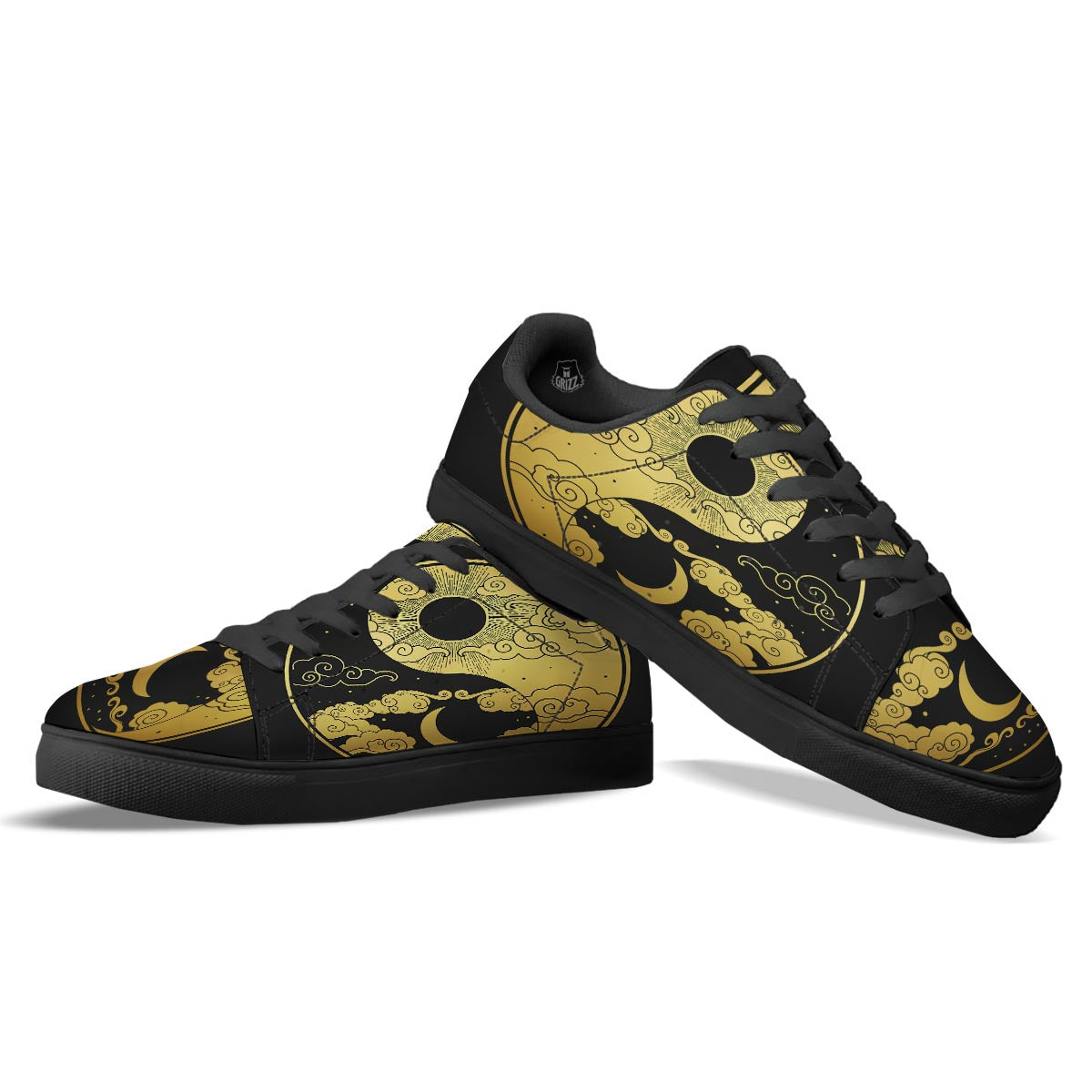 Yin Yang Moon And Sun Print Black Low Top Sneakers-grizzshop