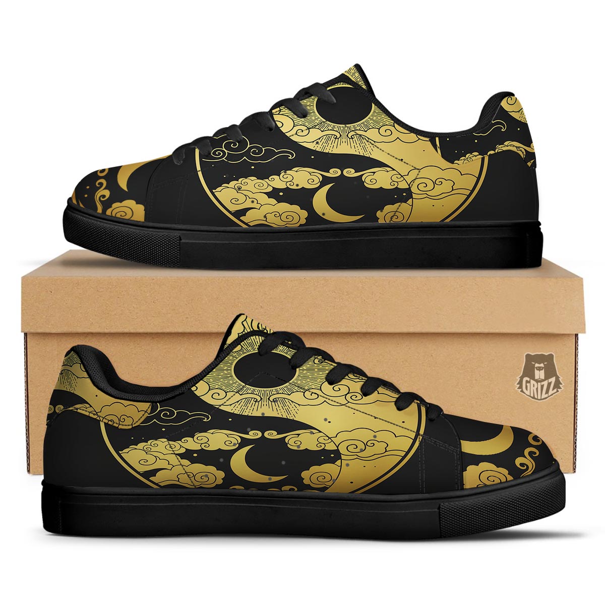 Yin Yang Moon And Sun Print Black Low Top Sneakers-grizzshop